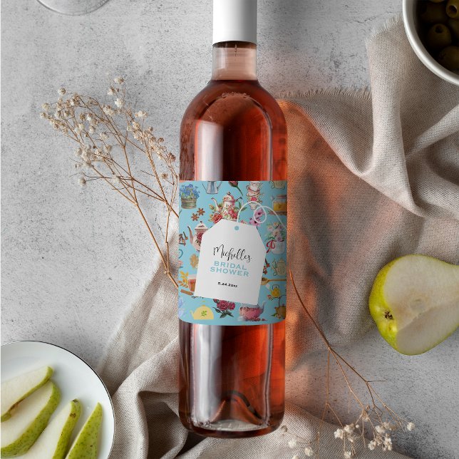 Tea Party Blue Garden Floral Pattern Bridal Shower Wine Label (Creator Uploaded)