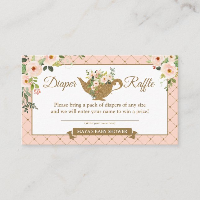 Tea Party Blush Floral Diaper Raffle Ticket Enclosure Card (Front)