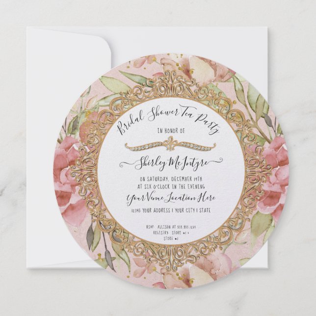 Tea Party Blush Pink Floral Gold Bridal Shower Invitation (Back)