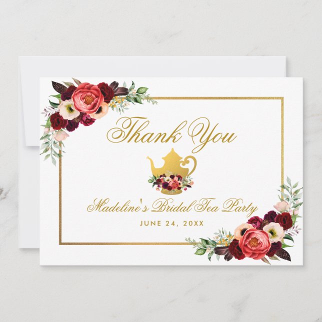Tea Party Bridal Shower Burgundy Boho Thanks Thank You Card (Front)