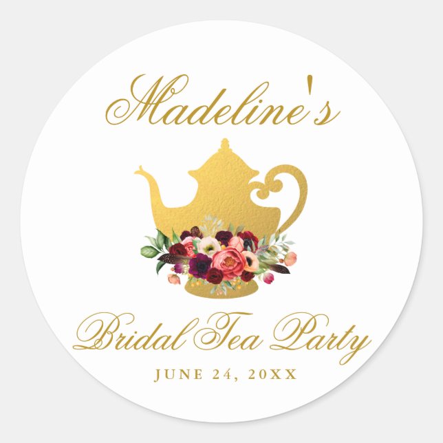 Tea Party Bridal Shower Burgundy Floral Boho Classic Round Sticker (Front)