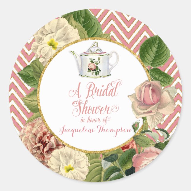 Tea Party Bridal Shower Chevron Stripes Rose Classic Round Sticker (Front)