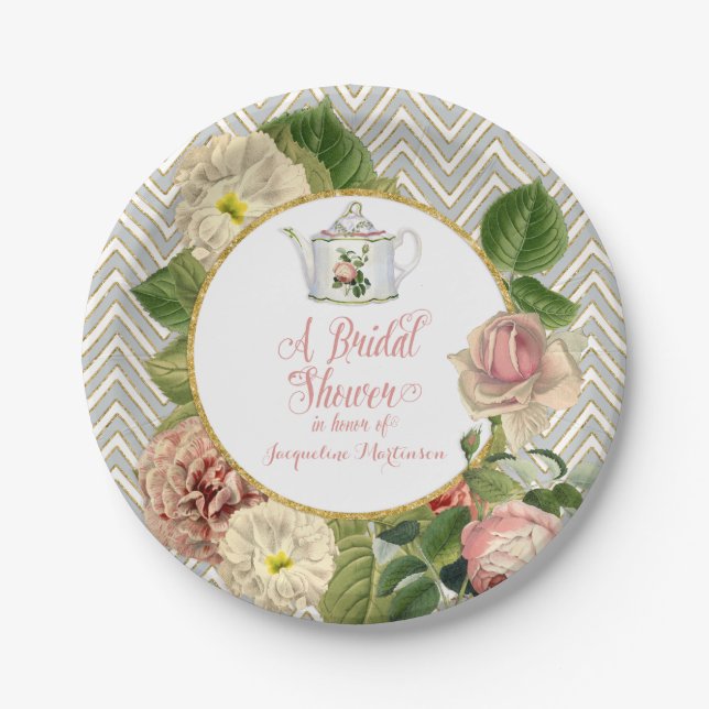 Tea Party Bridal Shower Chevron Stripes Rose Paper Plate (Front)
