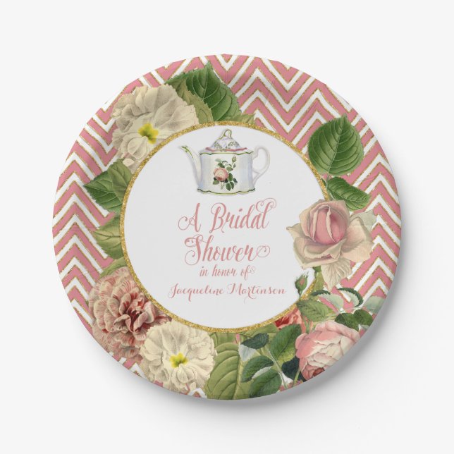 Tea Party Bridal Shower Chevron Stripes Rose Paper Plate (Front)