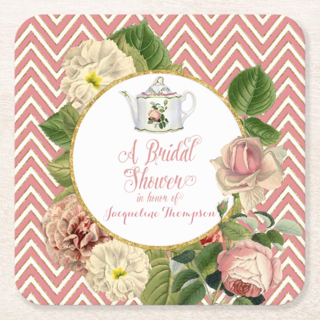 Tea Party Bridal Shower Chevron Stripes Rose Square Paper Coaster (Front)