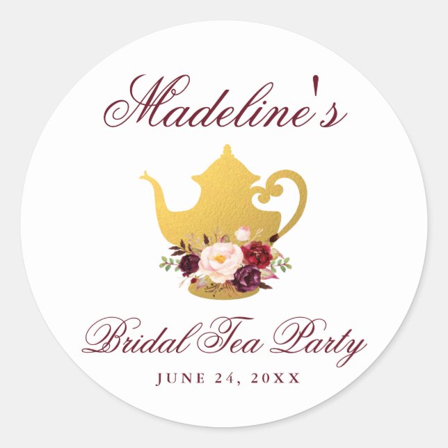 Tea Party Bridal Shower Floral Burgundy Small Classic Round Sticker (Front)