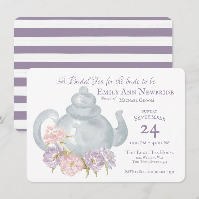 Tea Party Bridal Shower Floral Tea pot Invitation (Front/Back)