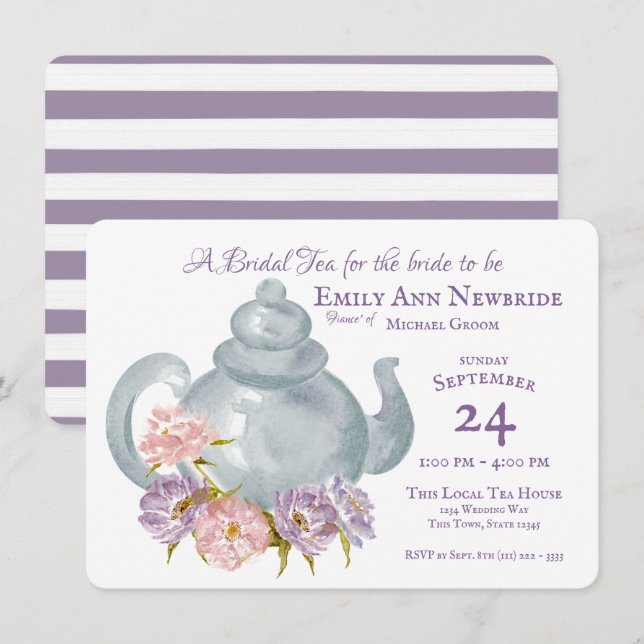 Tea Party Bridal Shower Floral Tea pot Invitation (Front/Back)