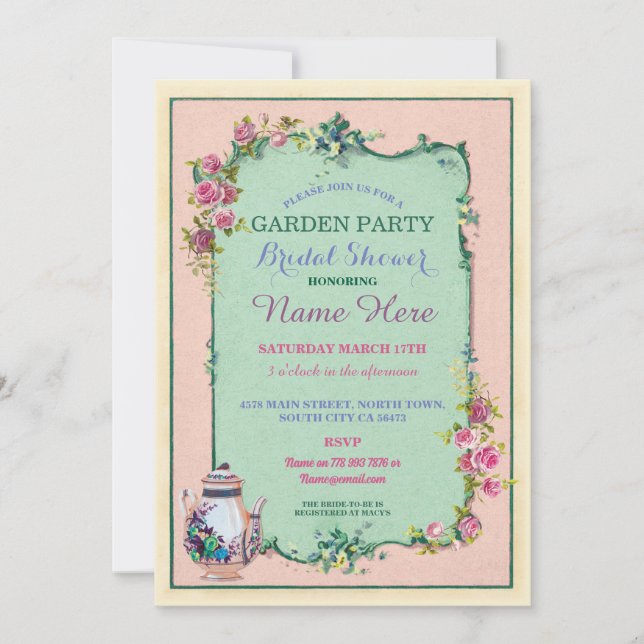 Tea Party Bridal Shower Garden Teapot Invitation (Front)