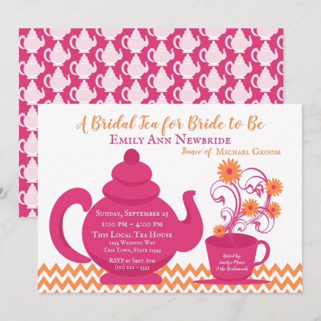 Tea Party Bridal Shower Pink and Orange Invitation (Front/Back)