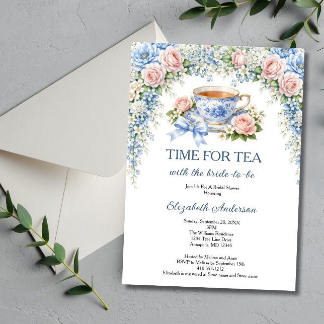 Tea Party Bridal Shower, Pink Blue Garden Florals Invitation (Time For Tea with the Bride to be. Bridal Shower Tea Party Invitation. Pink Blue Florals. )