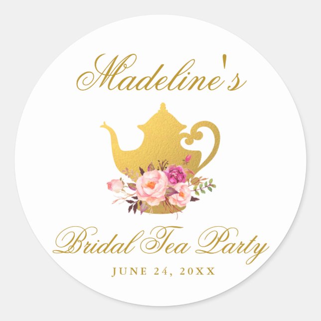 Tea Party Bridal Shower Pink Floral Small Classic Round Sticker (Front)