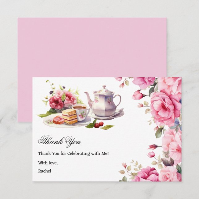 Tea Party Bridal Shower Pink Floral  Thank You Card (Front/Back)