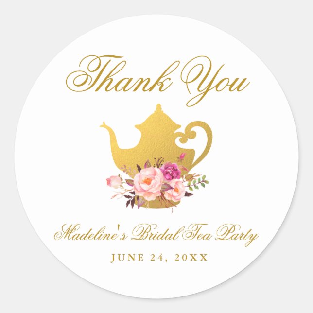 Tea Party Bridal Shower Pink Floral Thank You Classic Round Sticker (Front)