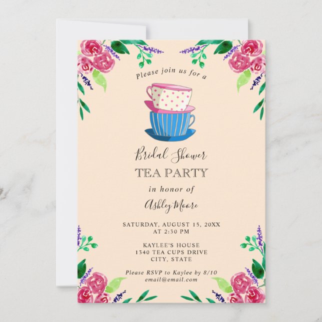 Tea Party Bridal Shower Pink Flowers Teacups Invitation (Front)
