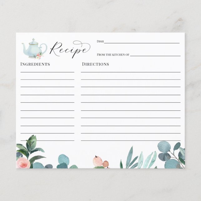 Tea Party Bridal Shower Recipe card (Front)