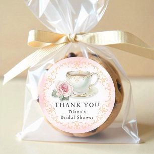 Tea Party Bridal Shower Thank Pink Floral Classic Round Sticker