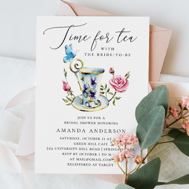 Tea Party Bridal Shower with Butterfly & Pink Rose Invitation (Creator Uploaded)
