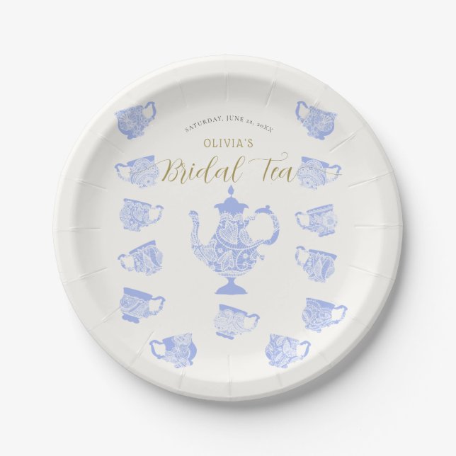 Tea Party Chinoiserie Blue Boho Lace Bridal Shower Paper Plate (Front)