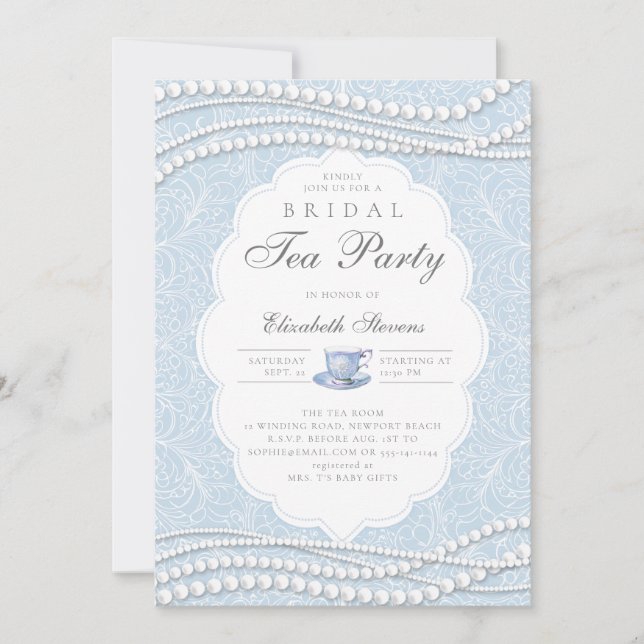 Tea Party Elegant Lace Pearls Blue Bridal Shower Invitation (Front)