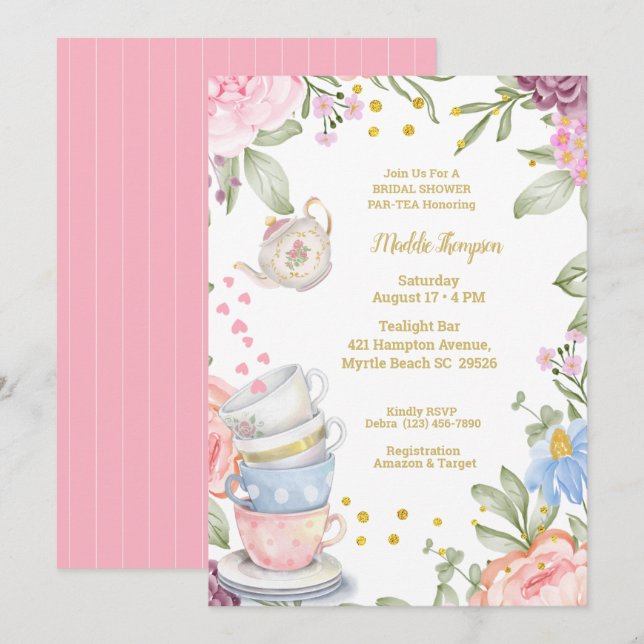 Tea Party Elegant Pink Green Bridal Shower     Invitation (Front/Back)