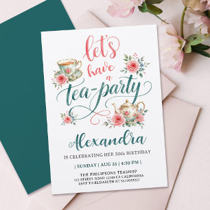 Tea Party Elegant Red Green Teacup Floral Script Invitation