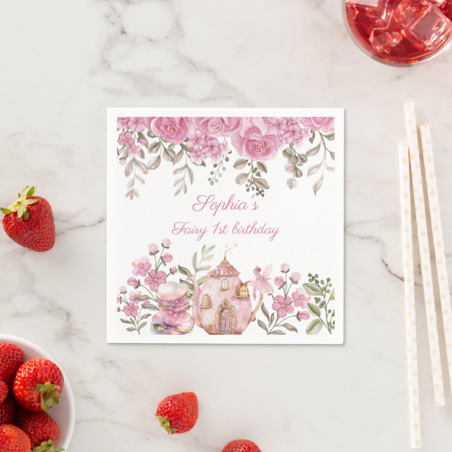 Tea Party Fairy Girl Blush Pink Flowers Birthday Napkin (Insitu)