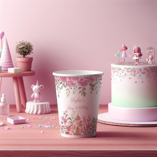 Tea Party Fairy Girl Blush Pink Flowers Birthday Paper Cups (Creator Uploaded)