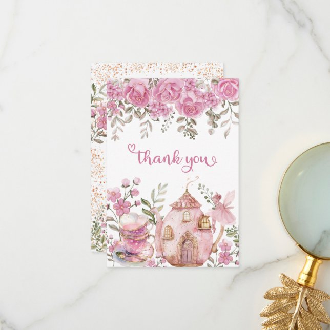 Tea Party Fairy Girl Blush Pink Flowers Birthday Thank You Card (Front/Back In Situ)