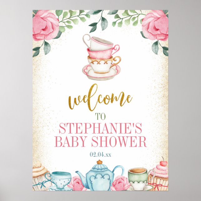 Tea Party Floral Baby Shower Welcome Sign  (Front)