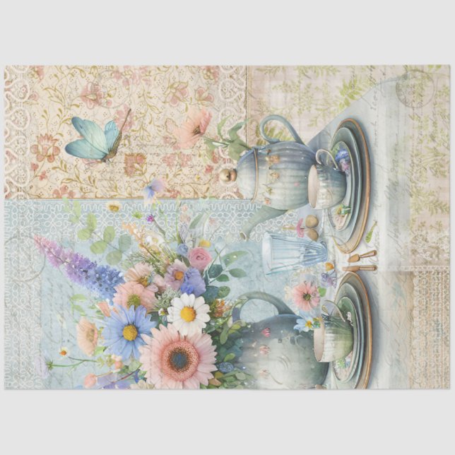 Tea Party Floral Pastel Bouquet Blue Pink Preppy Tissue Paper (Front)