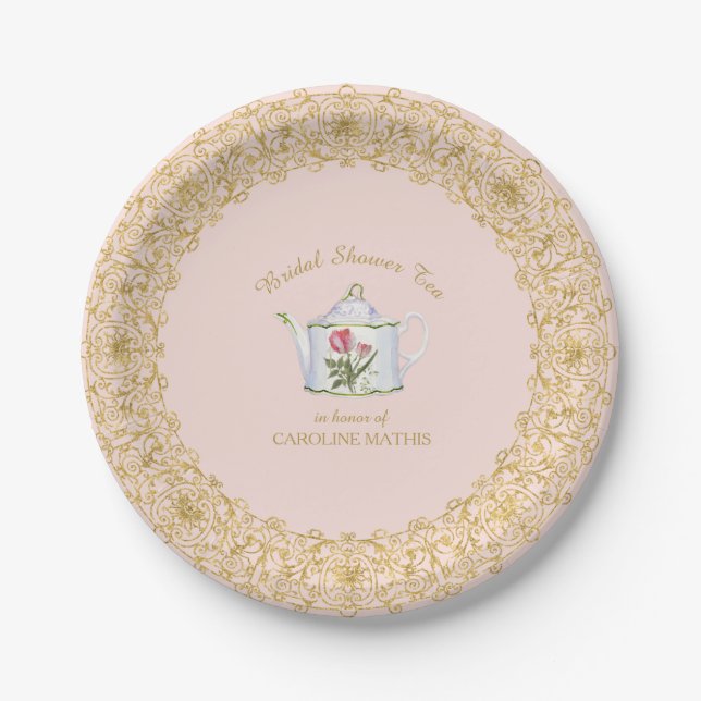 Tea Party Floral Pink Gold Glitter Bridal Shower Paper Plate (Front)