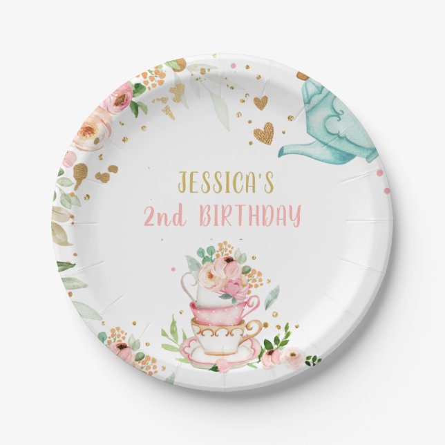 Tea Party Floral Tea Birthday Par-tea Floral Pink Paper Plate (Front)