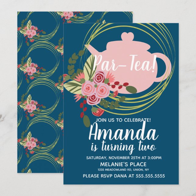 Tea Party Floral Wreath Whimisical Pink Red Blue Invitation (Front/Back)