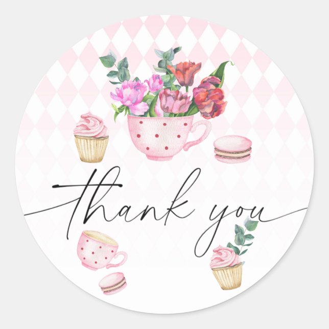 Tea Party Flowers baby shower thank you  Classic Round Sticker (Front)