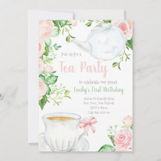 Tea Party Girls Birthday Invitation, Teapots Invitation
