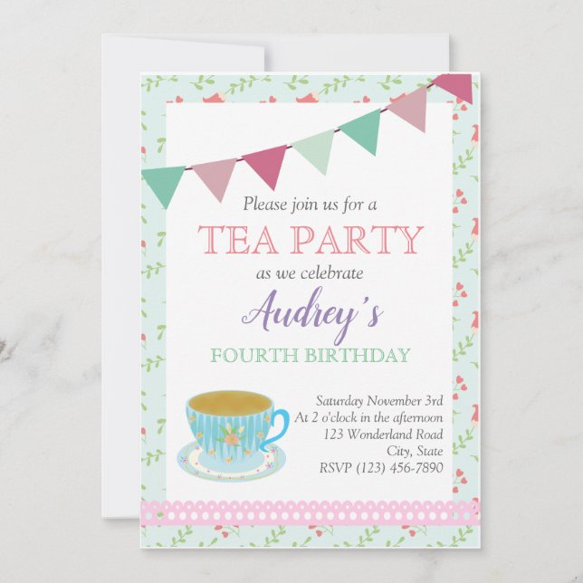 Tea Party Girls Birthday Shabby Chic Afternoon Tea Invitation (Front)