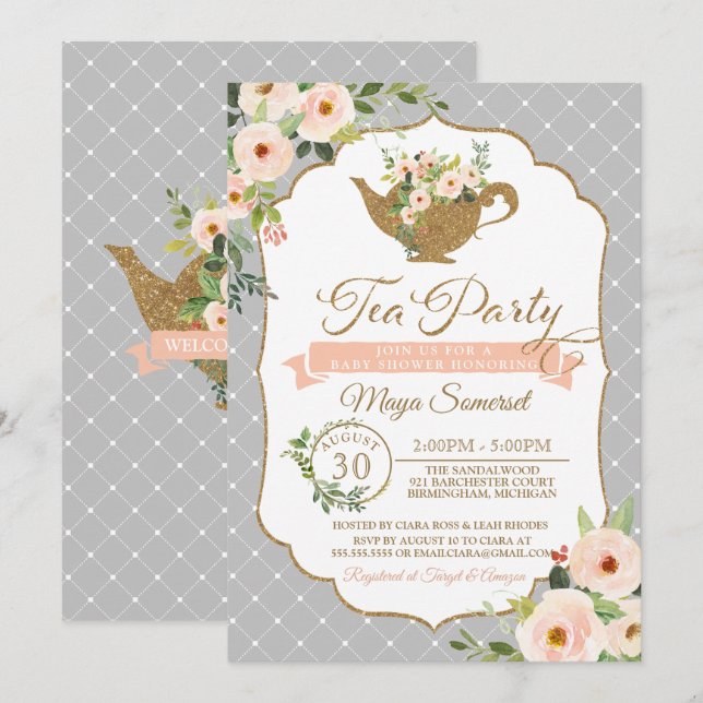 Tea Party Grey Pink & Blush Floral Baby Shower Invitation (Front/Back)