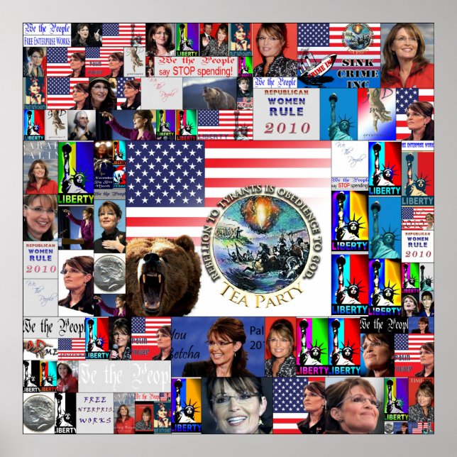 TEA party Grizzly Bear Flag Sarah Palin collage Poster (Front)