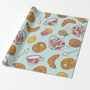 Tea party hand drawn seamless pattern. Colourful b Wrapping Paper