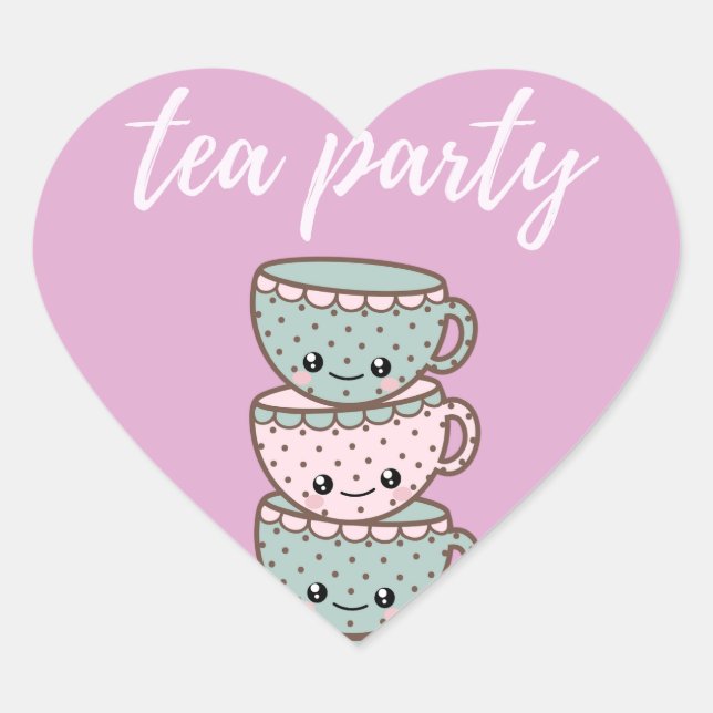 Tea Party Illustrated Teacups Pink Heart Sticker (Front)