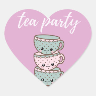 Tea Party Illustrated Teacups Pink Heart Sticker