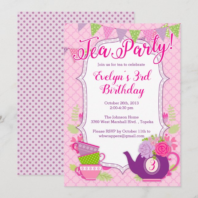 Tea Party Invitation or Tea Party Invite for Girls (Front/Back)