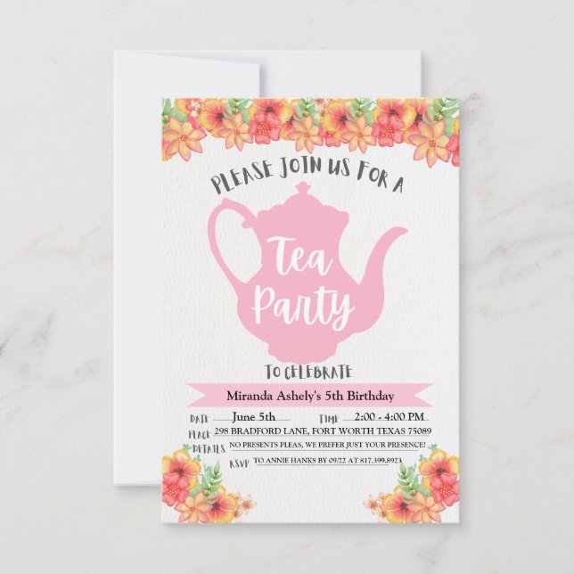 Tea Party Invitations for Girls (Front)
