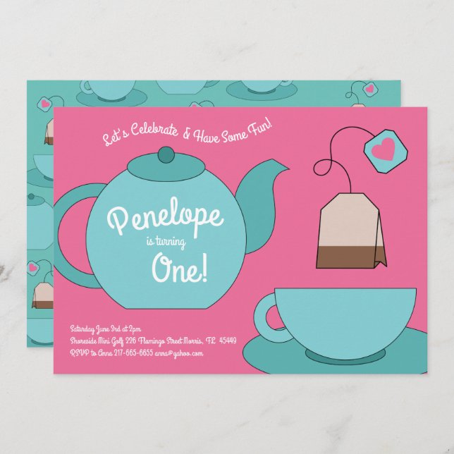 Tea Party Kids 1st Birthday Invitation (Front/Back)