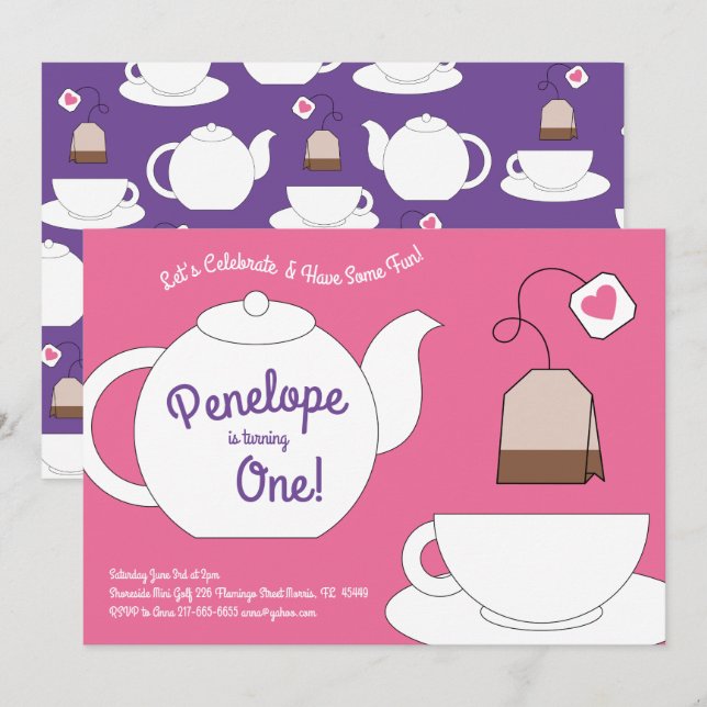 Tea Party Kids 1st Birthday Pink and Purple Girls Invitation (Front/Back)
