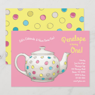 Tea Party Kids 1st Birthday Polka Dot Invitation
