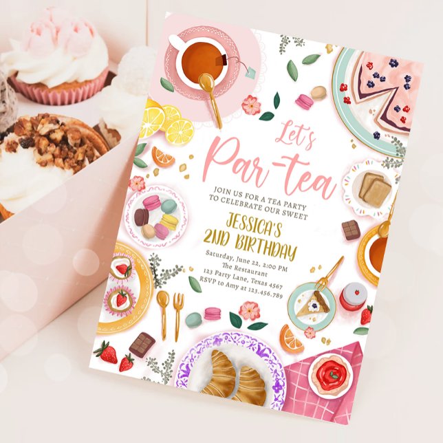 Tea Party Let's Par-Tea Girl Pink Gold Birthday Invitation (Creator Uploaded)