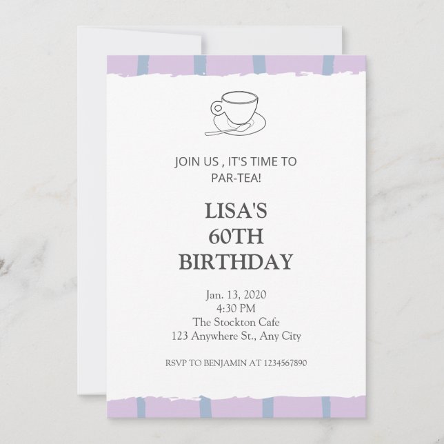 Tea party light purple par-tea 60th birthday invitation (Front)