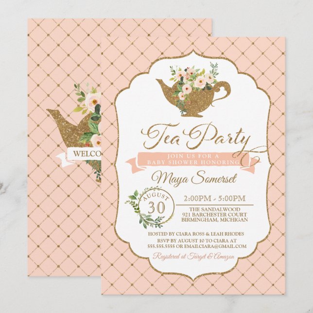 Tea Party Luxury Blush Floral Girl Baby Shower Invitation (Front/Back)